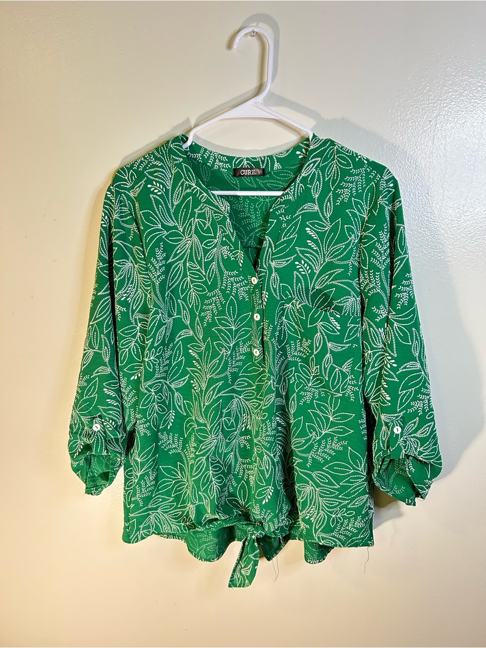 CAbi Green Leaf Print Tie-Front Blouse
